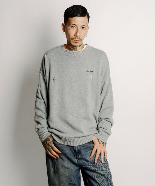 Subciety(サブサエティ)の「Wash damaged knit(ニット/セーター・メンズ・ネイビー/グレー/ブラック・X-LARGE/LARGE/MEDIUM/SMALL)」の4枚目の写真