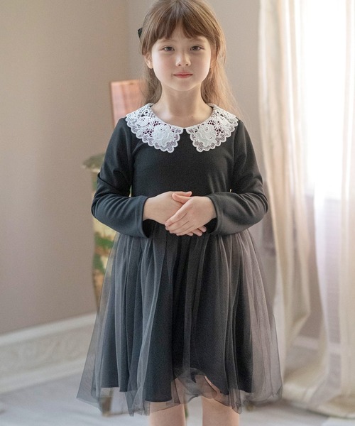 Catherine Cottage（キャサリンコテージ）の「レース襟チュールスカートワンピース 長袖（ワンピース・キッズ・ピンク/ネイビー/ブラック/サックスブルー/ライラック・100/110/120/130）」の2枚目の写真