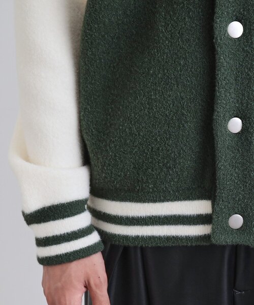 白玉　　ニット、レザー　切り替え　ドッキング　スタジャン　羊革 LIASON (リエゾン) レザー切り替え スタジアムジャンパー バーシティ