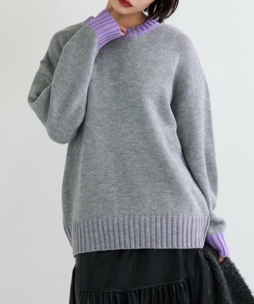 A.D.C.L.（エーディーシーエル）の「配色リブ バイカラー オーバーサイズ ニットプルオーバー（ニット/セーター・レディース・イエロー/パープル/グリーン/ピンク・M/L）」の3枚目の写真