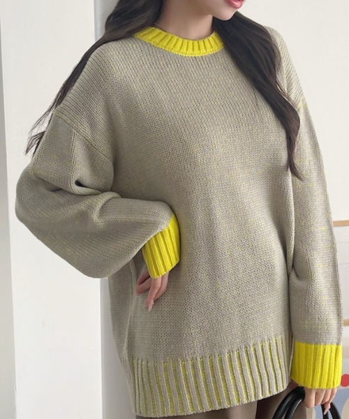 A.D.C.L.（エーディーシーエル）の「配色リブ バイカラー オーバーサイズ ニットプルオーバー（ニット/セーター・レディース・イエロー/パープル/グリーン/ピンク・M/L）」の4枚目の写真