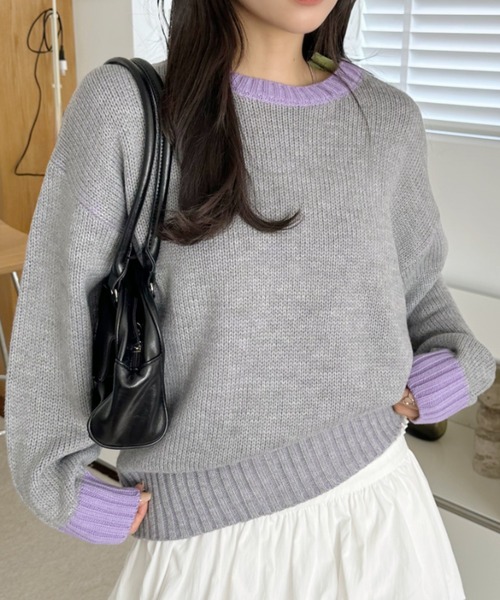 A.D.C.L.（エーディーシーエル）の「配色リブ バイカラー オーバーサイズ ニットプルオーバー（ニット/セーター・レディース・イエロー/パープル/グリーン/ピンク・M/L）」の9枚目の写真