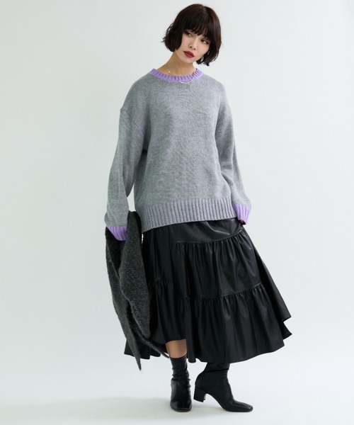 A.D.C.L.（エーディーシーエル）の「配色リブ バイカラー オーバーサイズ ニットプルオーバー（ニット/セーター・レディース・イエロー/パープル/グリーン/ピンク・M/L）」の18枚目の写真