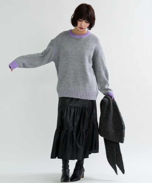 A.D.C.L.（エーディーシーエル）の「配色リブ バイカラー オーバーサイズ ニットプルオーバー（ニット/セーター・レディース・イエロー/パープル/グリーン/ピンク・M/L）」の5枚目の写真