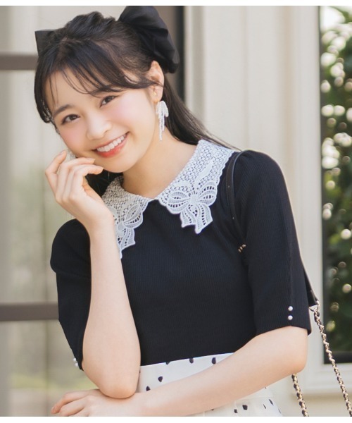 WILLSELECTION（ウィルセレクション）の「リボンレースカラーリブニット（ニット/セーター・レディース・ダークブラウン/アイボリー/ブラック・FREE）」の3枚目の写真