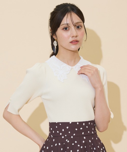 WILLSELECTION（ウィルセレクション）の「リボンレースカラーリブニット（ニット/セーター・レディース・ダークブラウン/アイボリー/ブラック・FREE）」の4枚目の写真