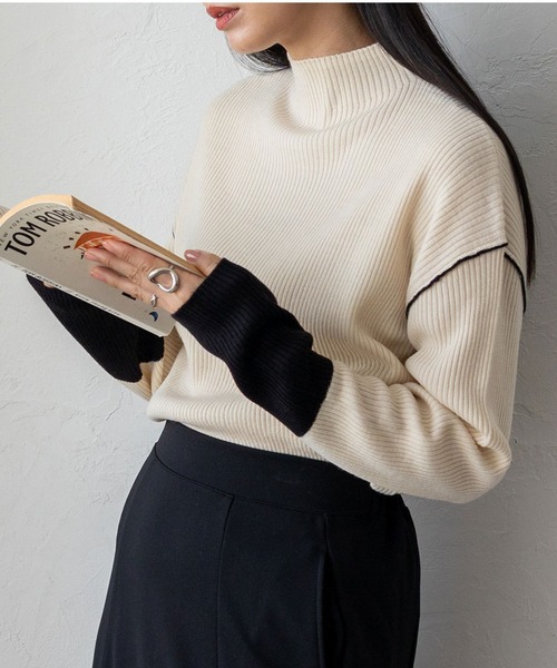 【haek】配色リブニットトップス 配色リブニット トップス レディース 長袖 2タイプ展開・再入荷 (100