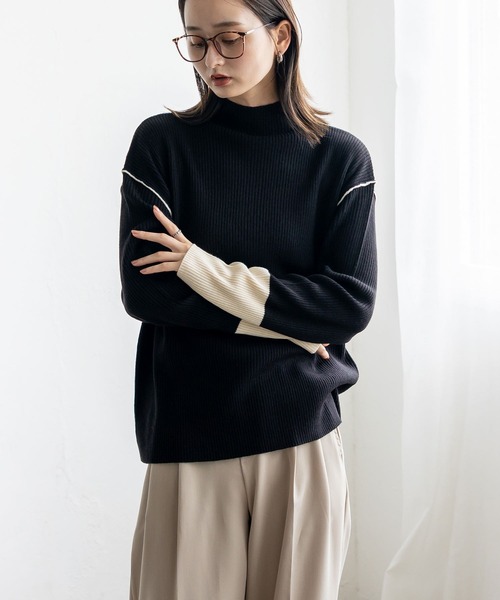 【haek】配色リブニットトップス 配色リブニット トップス レディース 長袖 2タイプ展開・再入荷 (100