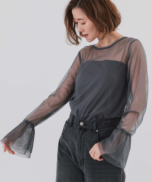 UR'S(ユアーズ)の「シアーフレアスリーブトップス(Tシャツ/カットソー・レディース・チャコール/ブラック/ホワイト・S/M/L)」の20枚目の写真