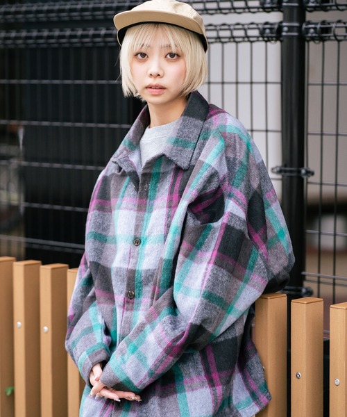 BEVERLY HILLS POLO CLUB（ビバリーヒルズポロクラブ）の「【BEVERLY HILLS POLO CLUB/ビバリーヒルズポロクラブ】シャギーチェックジャケット（その他アウター・レディース・レッド/パープル/ブラウン/グレー・MEDIUM）」の9枚目の写真