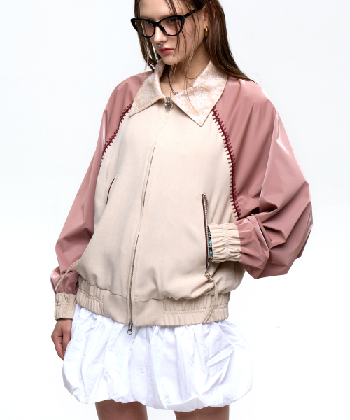 STITCHED RAGLAN BLOUSON - PINK/BEIGE