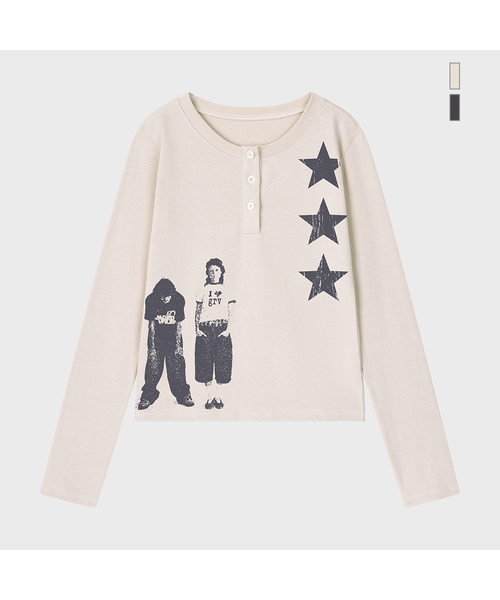 [ユニセックス] STAR 3 Henley neck long-sleeve T‑shirt, 2 цвета