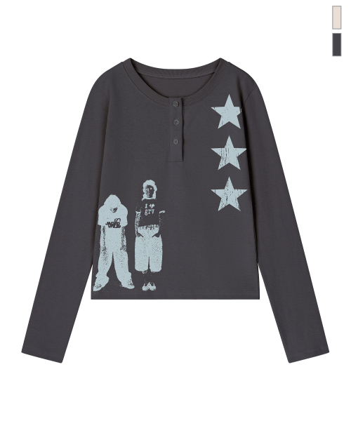 GRAVER（グレーバー）の「[UNISEX]STAR3 ヘンリーネック ロングスリーブ Tシャツ_3color（Tシャツ/カットソー・レディース・チャコール/ベージュ/ブラック・MEDIUM/LARGE）」の16枚目の写真