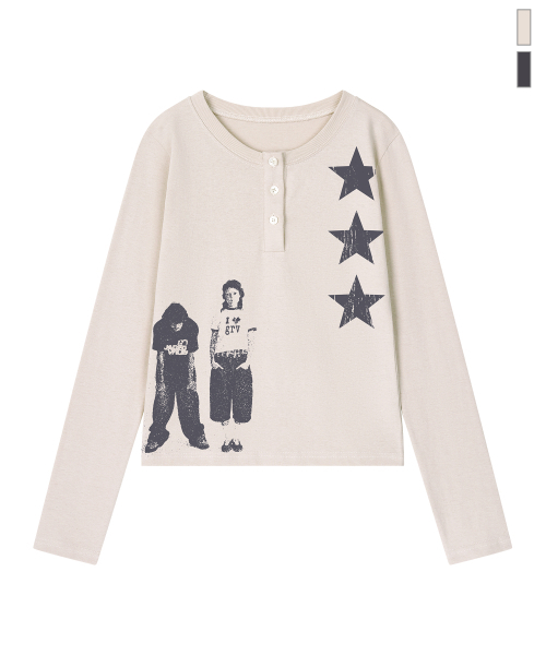 GRAVER（グレーバー）の「[UNISEX]STAR3 ヘンリーネック ロングスリーブ Tシャツ_3color（Tシャツ/カットソー・レディース・チャコール/ベージュ/ブラック・MEDIUM/LARGE）」の19枚目の写真