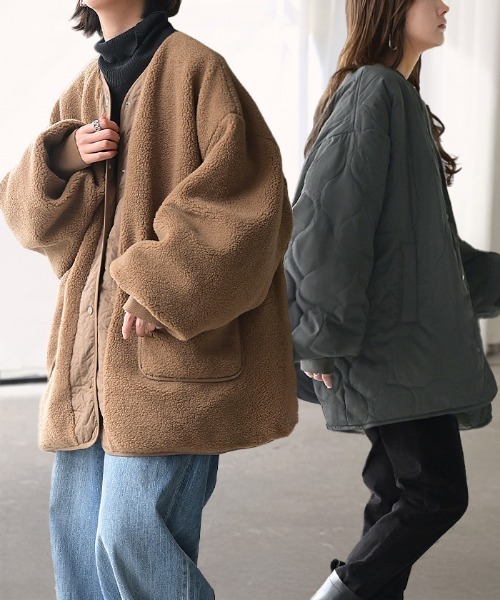 HUG.U（ハグユー）の「極暖ボア × 撥水キルティング リバーシブルアウター（ノーカラーコート・レディース・ブラック/オフホワイト/ブラウン/ダークグレー・FREE）」の8枚目の写真