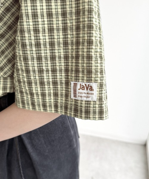 Java(ジャバ)の「《JaVaジャバコラボ》ベーシックに、垢抜けを。胸ポケット刺繍サッカーチェックシャツ(半袖)(シャツ/ブラウス・レディース・ブラック/ブラック系1/グリーン/ネイビー/ブルー・MEDIUM/SMALL/X-LARGE/LARGE)」の10枚目の写真