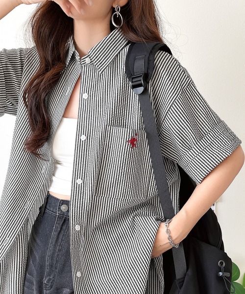 Java(ジャバ)の「《JaVaジャバコラボ》ベーシックに、垢抜けを。胸ポケット刺繍サッカーチェックシャツ(半袖)(シャツ/ブラウス・レディース・ブラック/ブラック系1/グリーン/ネイビー/ブルー・MEDIUM/SMALL/X-LARGE/LARGE)」の13枚目の写真