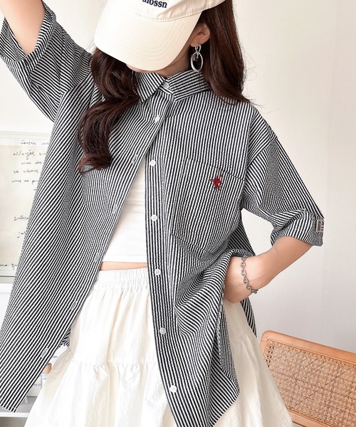 Java(ジャバ)の「《JaVaジャバコラボ》ベーシックに、垢抜けを。胸ポケット刺繍サッカーチェックシャツ(半袖)(シャツ/ブラウス・レディース・ブラック/ブラック系1/グリーン/ネイビー/ブルー・MEDIUM/SMALL/X-LARGE/LARGE)」の15枚目の写真