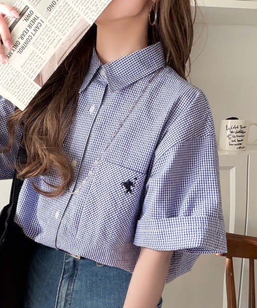 Java(ジャバ)の「《JaVaジャバコラボ》ベーシックに、垢抜けを。胸ポケット刺繍サッカーチェックシャツ(半袖)(シャツ/ブラウス・レディース・ブラック/ブラック系1/グリーン/ネイビー/ブルー・MEDIUM/SMALL/X-LARGE/LARGE)」の7枚目の写真