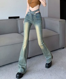 クロスベルトウエスト ヴィンテージウォッシュ フレアデニムパンツ ハイウエスト レディース ロングパンツ Y2K スタイル