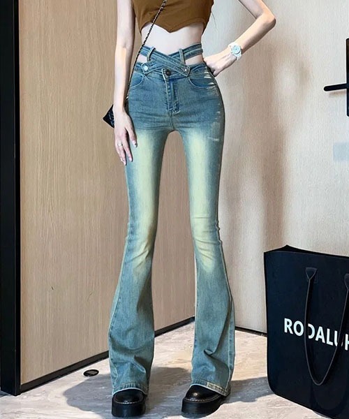 gossip！ロサンゼルス（ゴシップロサンゼルス）の「クロスベルトウエスト ヴィンテージウォッシュ フレアデニムパンツ ハイウエスト レディース ロングパンツ Y2K スタイル（デニムパンツ・レディース・ブルー・M/S）」の5枚目の写真