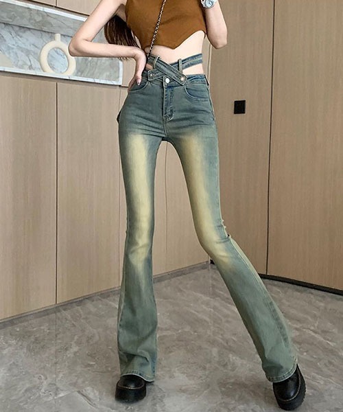 gossip！ロサンゼルス（ゴシップロサンゼルス）の「クロスベルトウエスト ヴィンテージウォッシュ フレアデニムパンツ ハイウエスト レディース ロングパンツ Y2K スタイル（デニムパンツ・レディース・ブルー・M/S）」の8枚目の写真