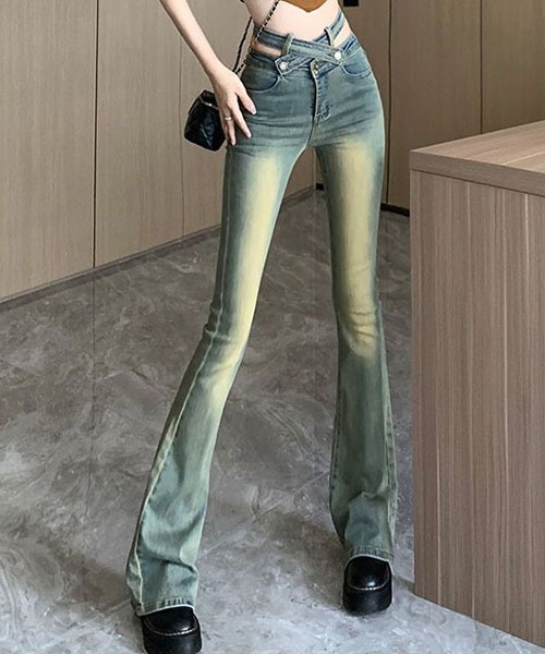 gossip！ロサンゼルス（ゴシップロサンゼルス）の「クロスベルトウエスト ヴィンテージウォッシュ フレアデニムパンツ ハイウエスト レディース ロングパンツ Y2K スタイル（デニムパンツ・レディース・ブルー・M/S）」の10枚目の写真