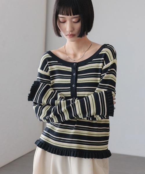 LOWRYS FARM（ローリーズファーム）の「マルチボーダーフリルタイトＬＳ　642942（ニット/セーター・レディース・アイボリー/ブラウン/ネイビー/ホワイト/グレー・FREE）」の18枚目の写真