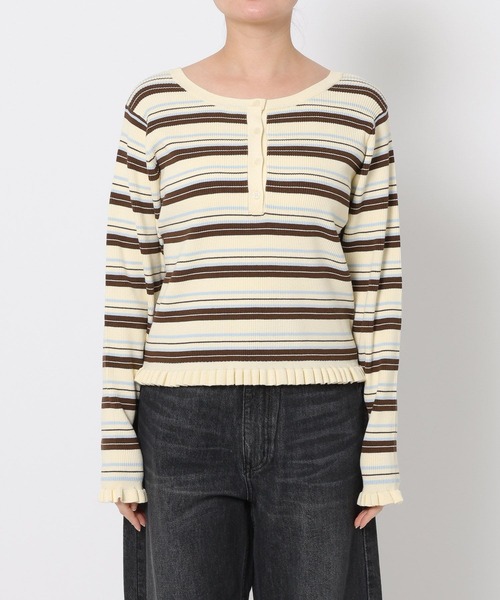 LOWRYS FARM（ローリーズファーム）の「マルチボーダーフリルタイトＬＳ　642942（ニット/セーター・レディース・アイボリー/ブラウン/ネイビー/ホワイト/グレー・FREE）」の17枚目の写真