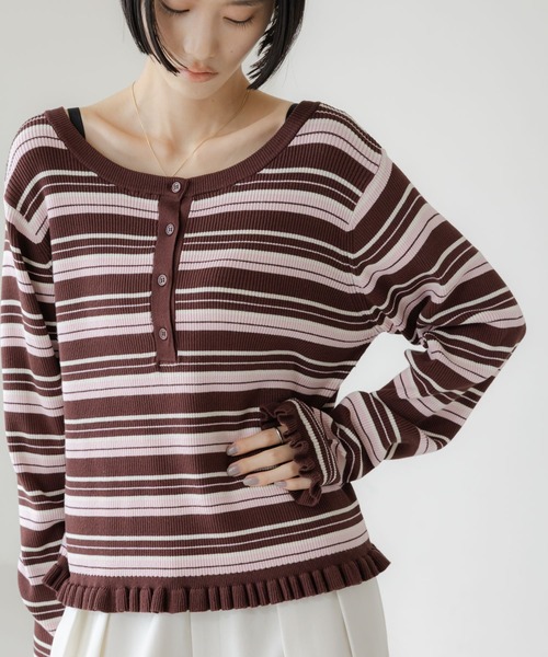 LOWRYS FARM（ローリーズファーム）の「マルチボーダーフリルタイトＬＳ　642942（ニット/セーター・レディース・アイボリー/ブラウン/ネイビー/ホワイト/グレー・FREE）」の22枚目の写真