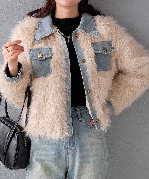 STYLEBLOCK（スタイルブロック）の「デニム切り替えフェイクファージャケット（デニムジャケット・レディース・グレー/ベージュ・FREE）」の2枚目の写真