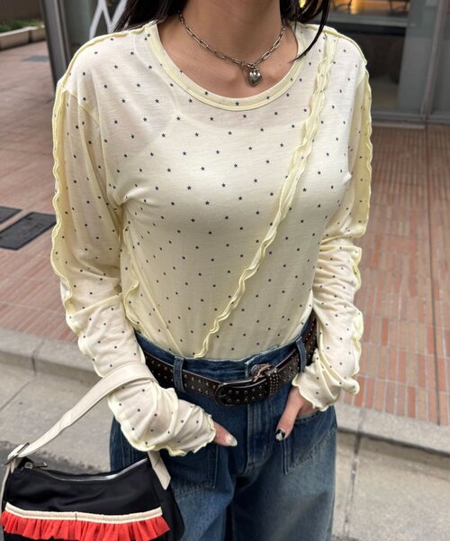 CIAOPANIC（チャオパニック）の「（無地/星柄）メローデザインシアートップス（Tシャツ/カットソー・レディース・ネイビー/グレー/オフホワイト/イエロー/イエロー系その他/グレー系その他・ONE SIZE）」の7枚目の写真