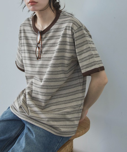 feepur（フェピュール）の「マルチボーダーオーバーリンガーTee（Tシャツ/カットソー・レディース・モカ/チャコールグレー・MEDIUM）」の2枚目の写真