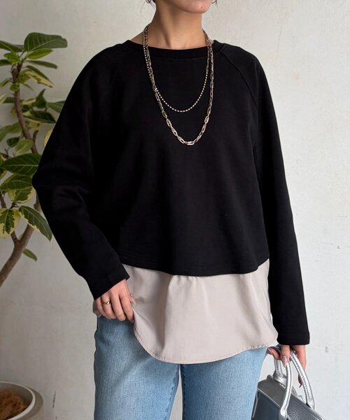 Chez toi(シェトワ)の「サカリバ裾異素材プルオーバー(Tシャツ/カットソー・レディース・オフホワイト/ブラック/オリーブ・FREE)」の2枚目の写真