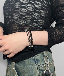 MATU:TA（マトゥータ）の「インクリングブレスレット /  ビーズ ブレスレット インクペイント風  2連デザイン シルバーリング 韓国モード ゴムタイプ クリア×ブラック 透明 黒（ブレスレット）」