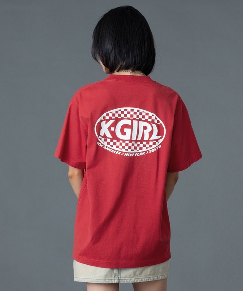 X-girl(エックスガール)の「CHECKER OVAL LOGO POCKET S/S TEE(Tシャツ/カットソー・レディース・ホワイト/レッド/ブラック・S/M/L)」の5枚目の写真