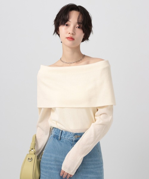 BAYFLOW（ベイフロー）の「オフショルフラップニットプルオーバー（ニット/セーター・レディース・ブラウン/オフホワイト/グレー・FREE）」の2枚目の写真