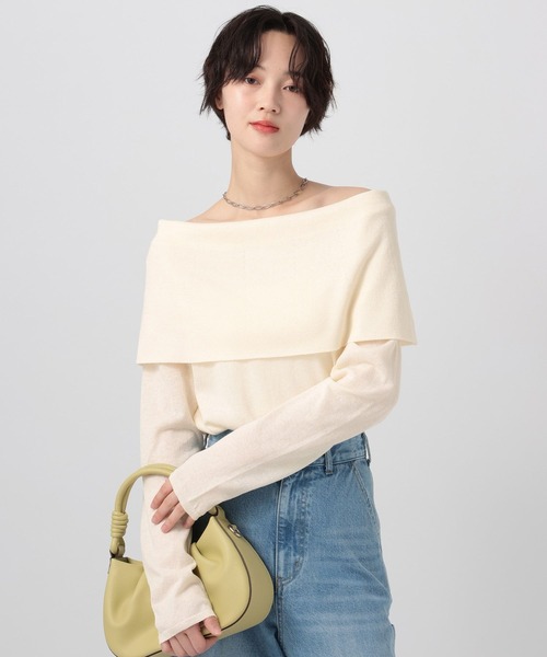 BAYFLOW（ベイフロー）の「オフショルフラップニットプルオーバー（ニット/セーター・レディース・ブラウン/オフホワイト/グレー・FREE）」の6枚目の写真