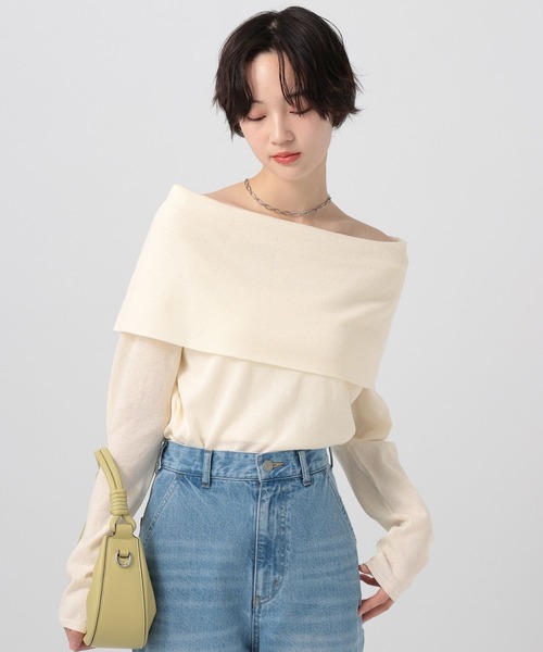 BAYFLOW（ベイフロー）の「オフショルフラップニットプルオーバー（ニット/セーター・レディース・ブラウン/オフホワイト/グレー・FREE）」の7枚目の写真