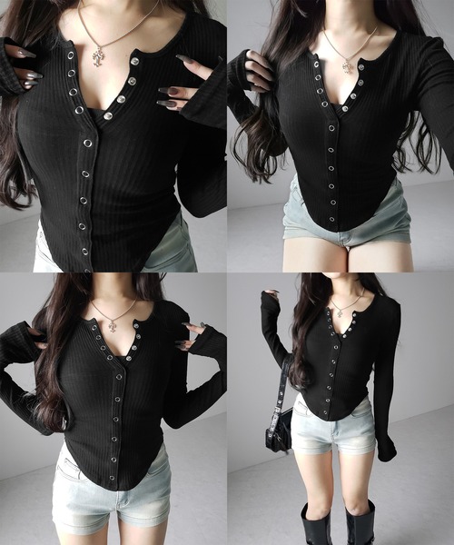 me+em select(ミームセレクト)の「【 3color 】スナップボタンタイトリブカットソートップス / snap button tight ribbed cutsew tops(Tシャツ/カットソー・レディース・ブラック/グレー/ホワイト・FREE)」の8枚目の写真