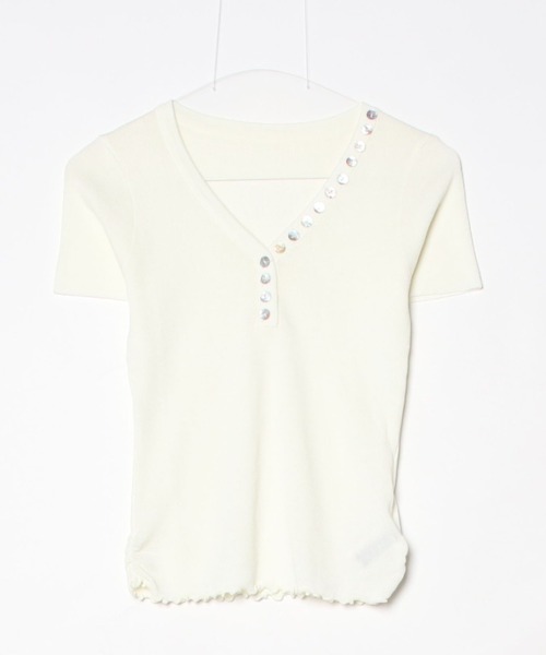 Rohwel(ローウェル)の「Shell Button Short Sleeve Knit / シェルボタンショートスリーブニット(Tシャツ/カットソー・レディース・ホワイト/イエロー/グレー・FREE)」の16枚目の写真