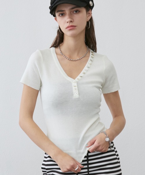 Rohwel(ローウェル)の「Shell Button Short Sleeve Knit / シェルボタンショートスリーブニット(Tシャツ/カットソー・レディース・ホワイト/イエロー/グレー・FREE)」の20枚目の写真