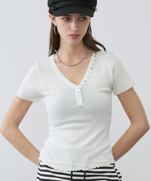 Rohwel(ローウェル)の「Shell Button Short Sleeve Knit / シェルボタンショートスリーブニット(Tシャツ/カットソー・レディース・ホワイト/イエロー/グレー・FREE)」の22枚目の写真