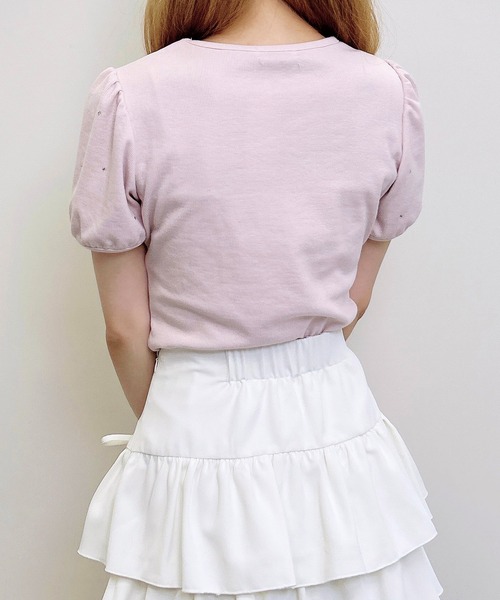 INGNI(イング)の「ラインストーン飛ばしデコルテオープンリボンリブトップス(Tシャツ/カットソー・レディース・オフホワイト/ブラック/ライトピンク・M)」の19枚目の写真