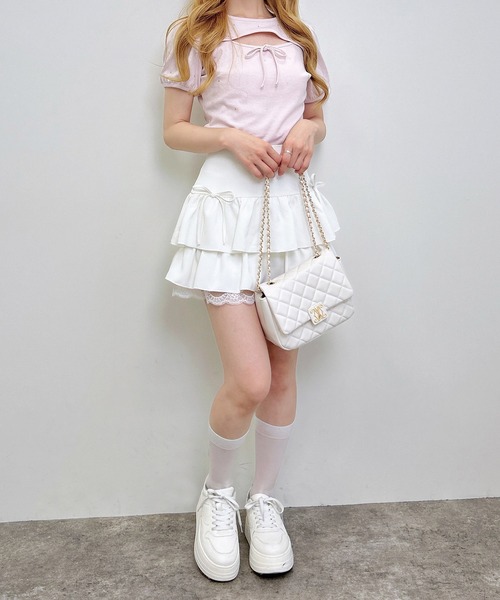 INGNI(イング)の「ラインストーン飛ばしデコルテオープンリボンリブトップス(Tシャツ/カットソー・レディース・オフホワイト/ブラック/ライトピンク・M)」の20枚目の写真