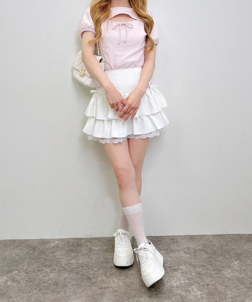 INGNI(イング)の「ラインストーン飛ばしデコルテオープンリボンリブトップス(Tシャツ/カットソー・レディース・オフホワイト/ブラック/ライトピンク・M)」の21枚目の写真