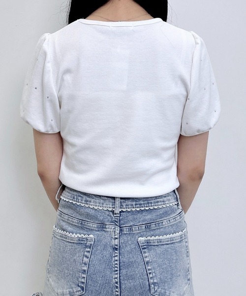 INGNI(イング)の「ラインストーン飛ばしデコルテオープンリボンリブトップス(Tシャツ/カットソー・レディース・オフホワイト/ブラック/ライトピンク・M)」の7枚目の写真