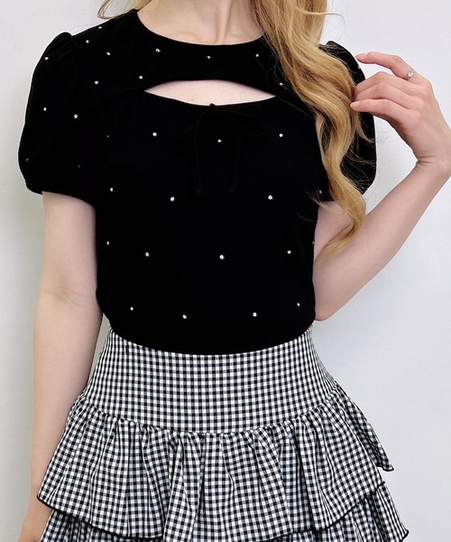 INGNI(イング)の「ラインストーン飛ばしデコルテオープンリボンリブトップス(Tシャツ/カットソー・レディース・オフホワイト/ブラック/ライトピンク・M)」の11枚目の写真