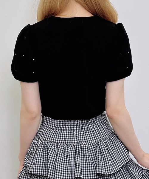 INGNI(イング)の「ラインストーン飛ばしデコルテオープンリボンリブトップス(Tシャツ/カットソー・レディース・オフホワイト/ブラック/ライトピンク・M)」の13枚目の写真