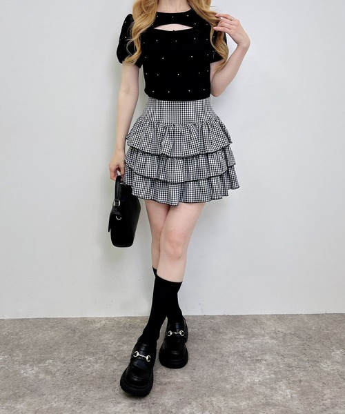 INGNI(イング)の「ラインストーン飛ばしデコルテオープンリボンリブトップス(Tシャツ/カットソー・レディース・オフホワイト/ブラック/ライトピンク・M)」の14枚目の写真